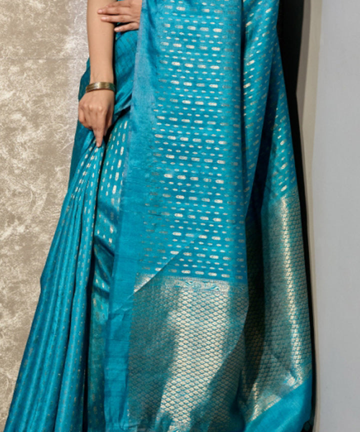 Cyan blue handwoven tussar silk chhatisgarh saree