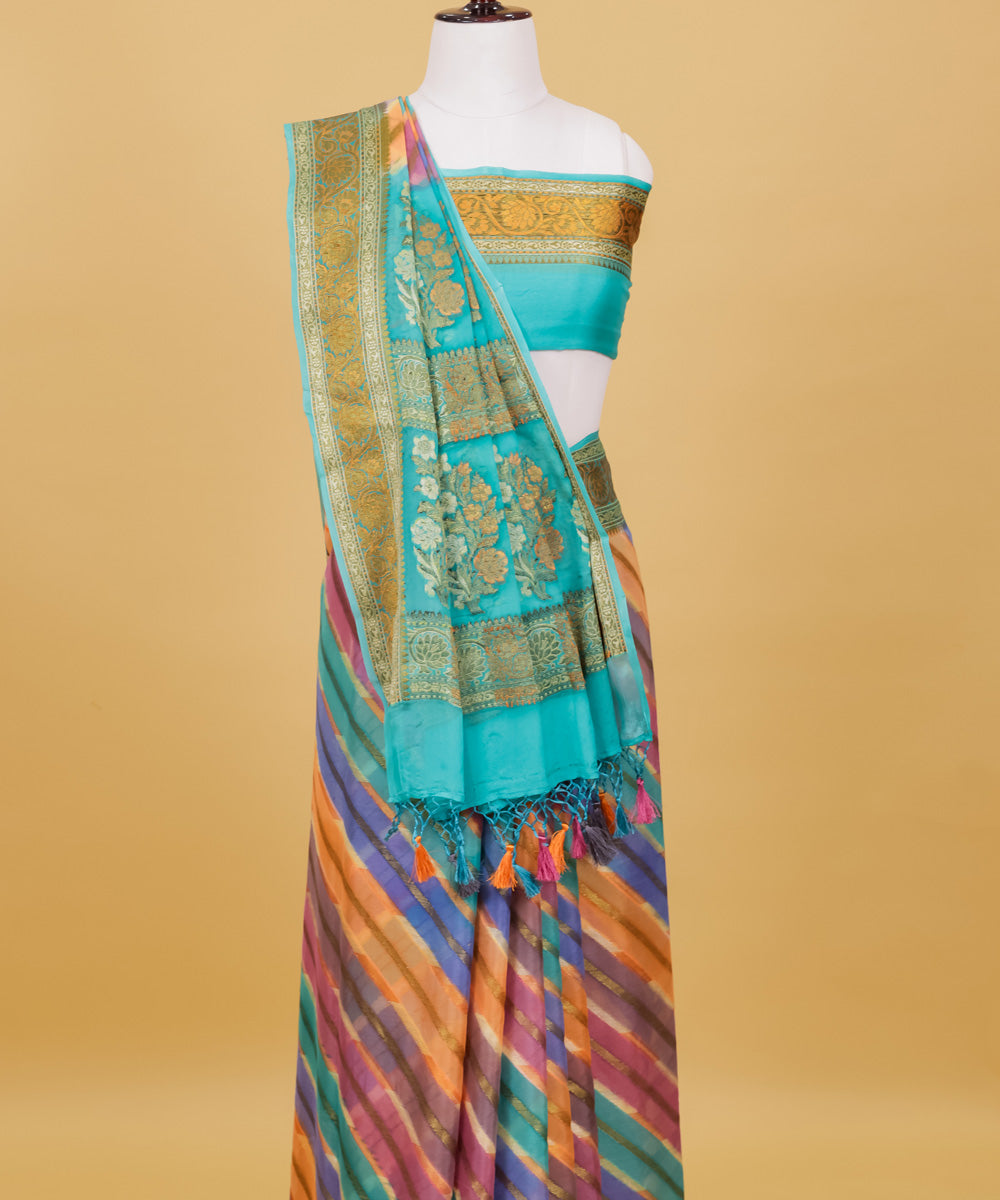 Teal green diagonal stripe silk handwoven banarasi saree