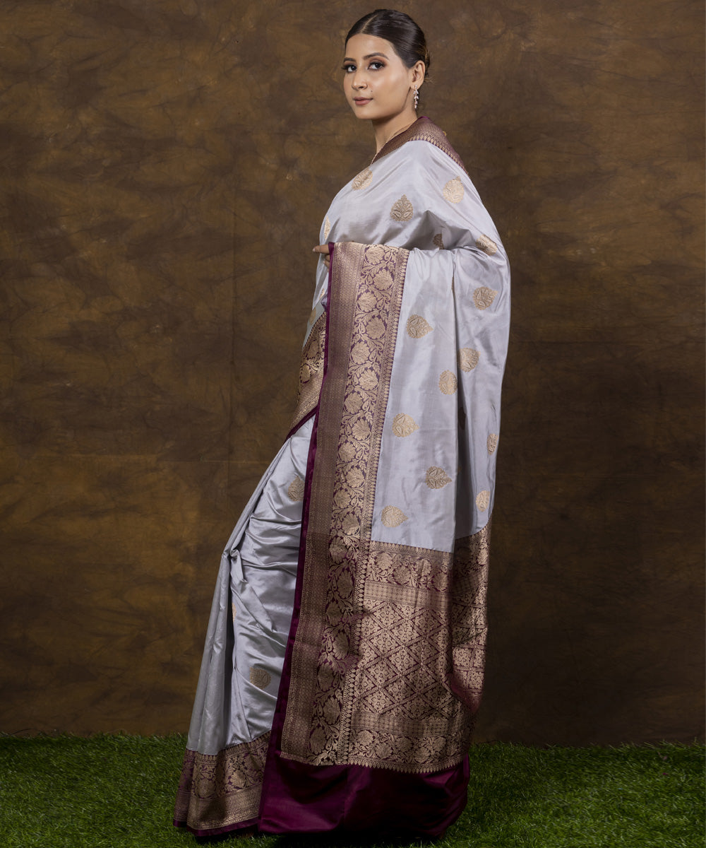 Grey maroon border silk handwoven banarasi saree