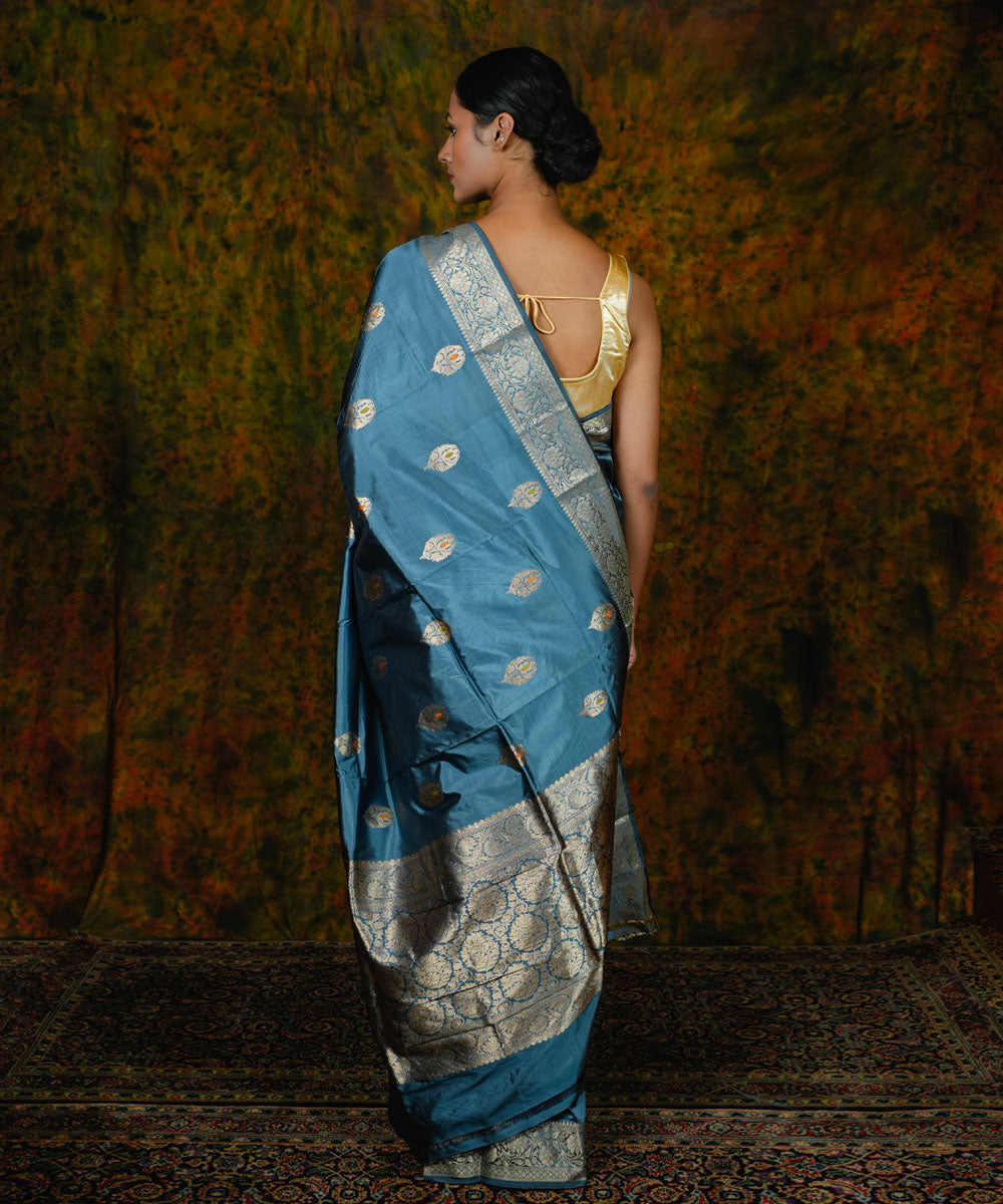 Teal blue handwoven silk banarasi saree
