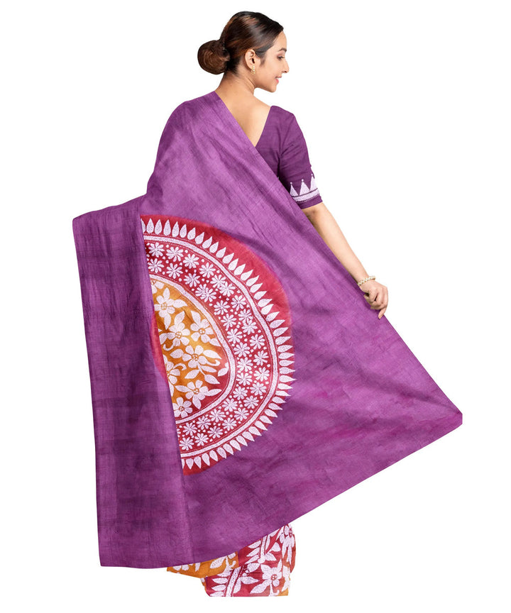 Purple silk handwoven kantha stitch saree