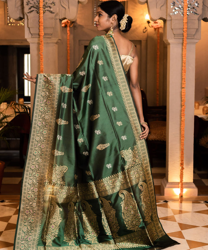 Dark green boota silk handwoven banarasi saree