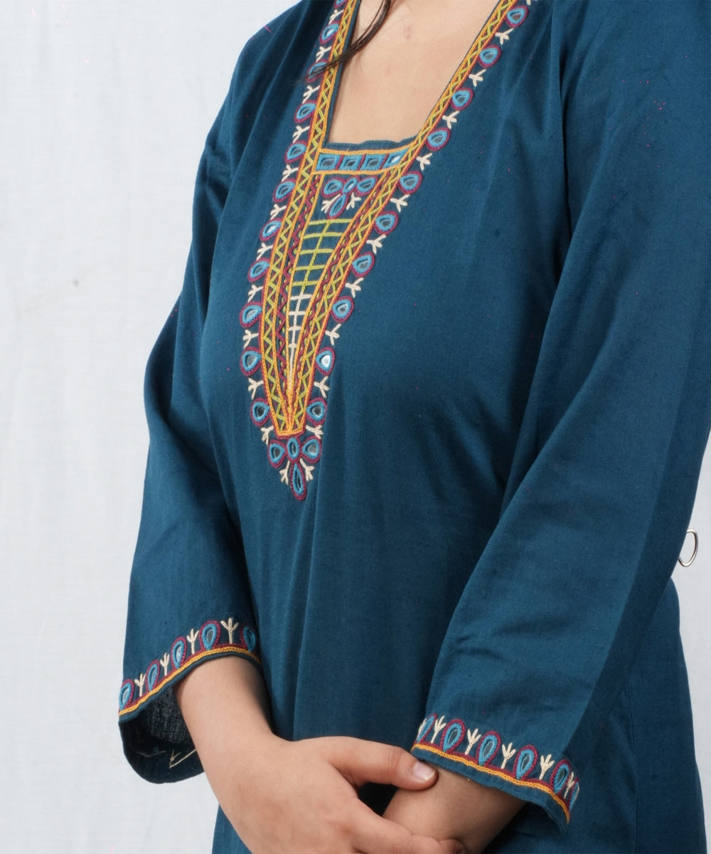 Navy Blue Soi Hand Cotton Embroidered Kurti