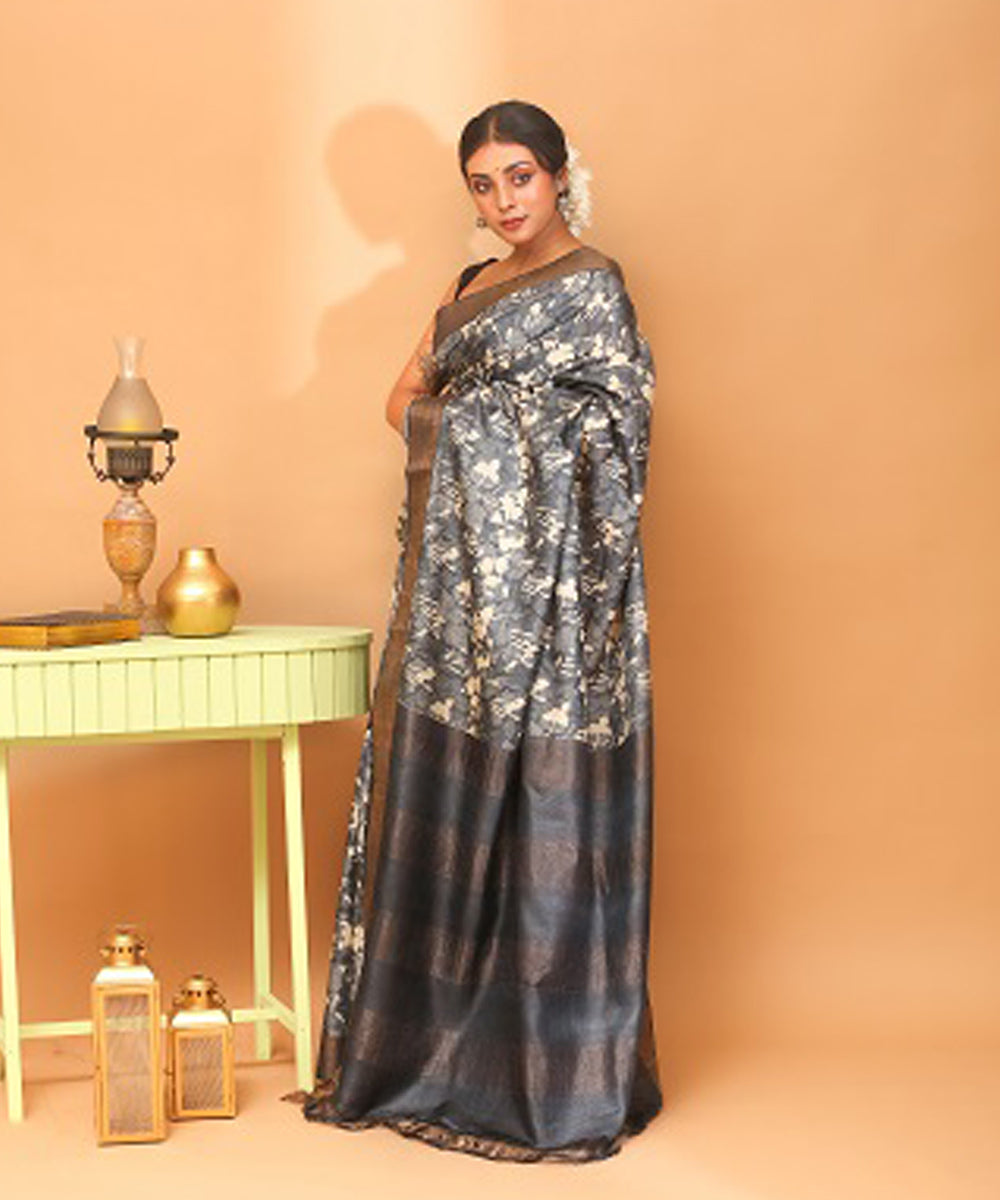 Grey black chhattisgarh tussar silk handloom saree