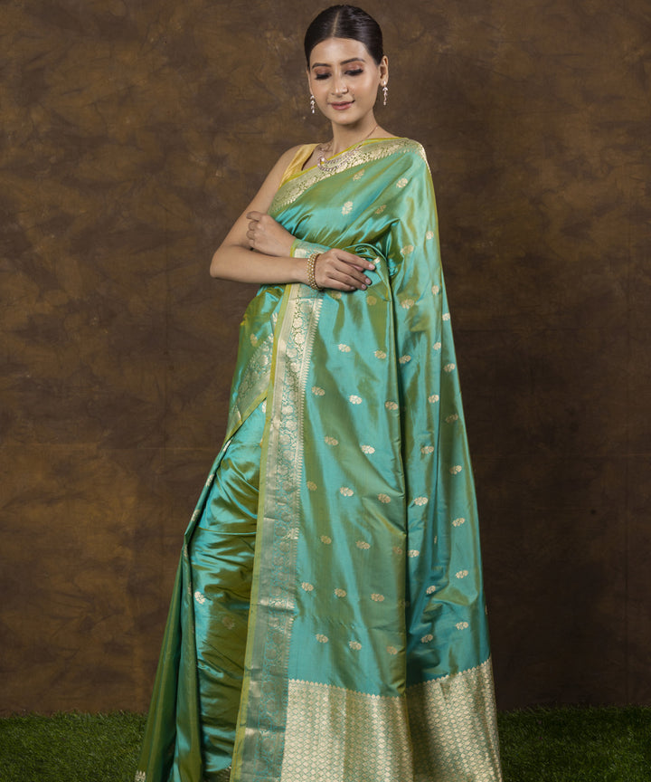 Cyan green silk handwoven banarasi saree