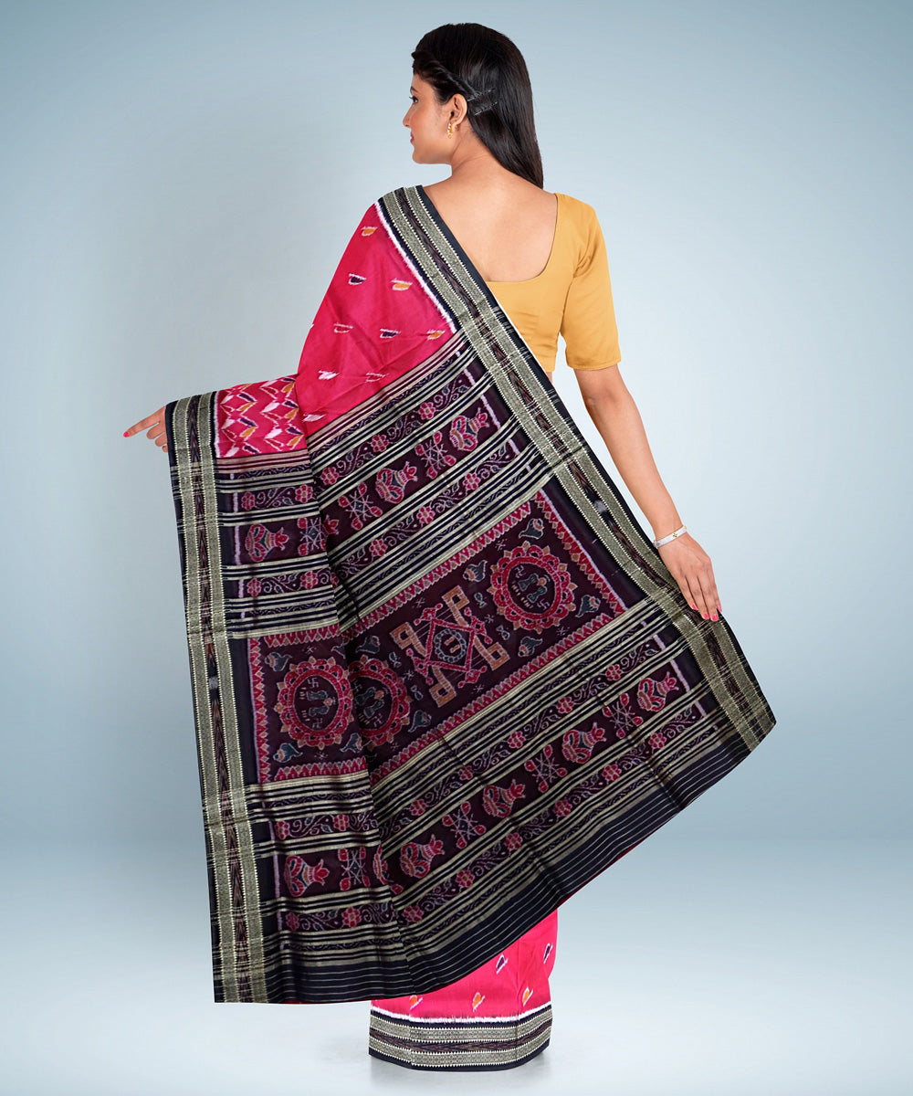 Ruby pink black silk handwoven khandua saree