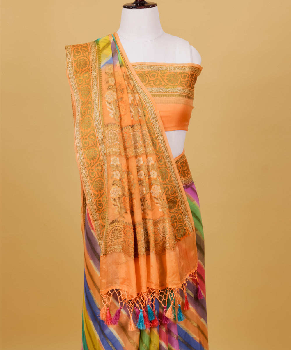 Orange diagonal stripe handwoven silk banarasi saree