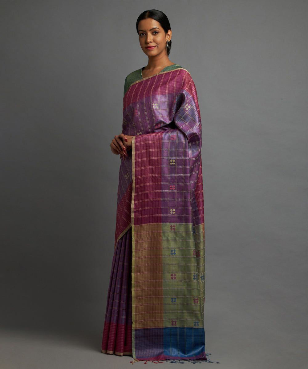 Magenta deep lavender blue kosa handloom chhattisgarh silk saree