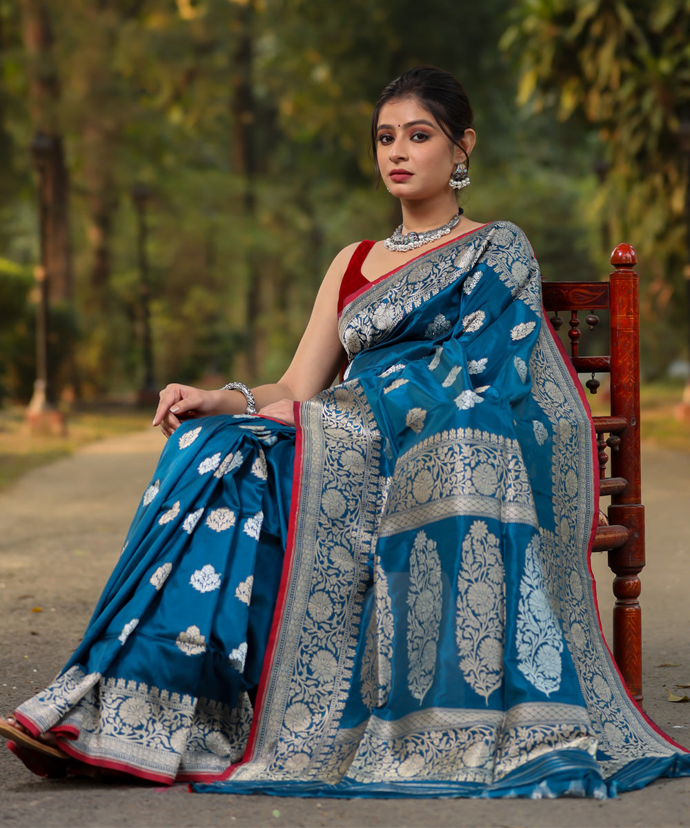 Teal blue red silk handwoven banarasi saree