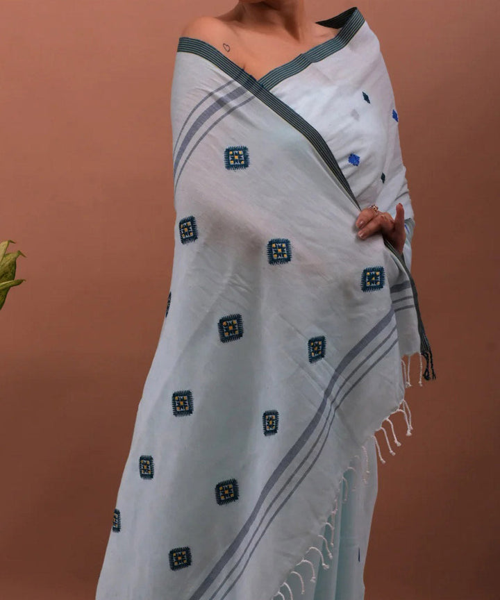 Sky blue black cotton handloom assam saree