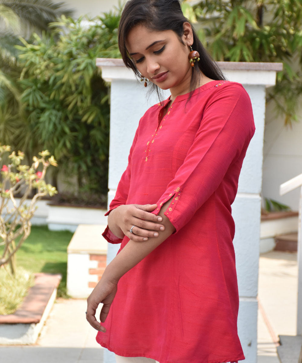 Brick red silk hand embroidery tunic