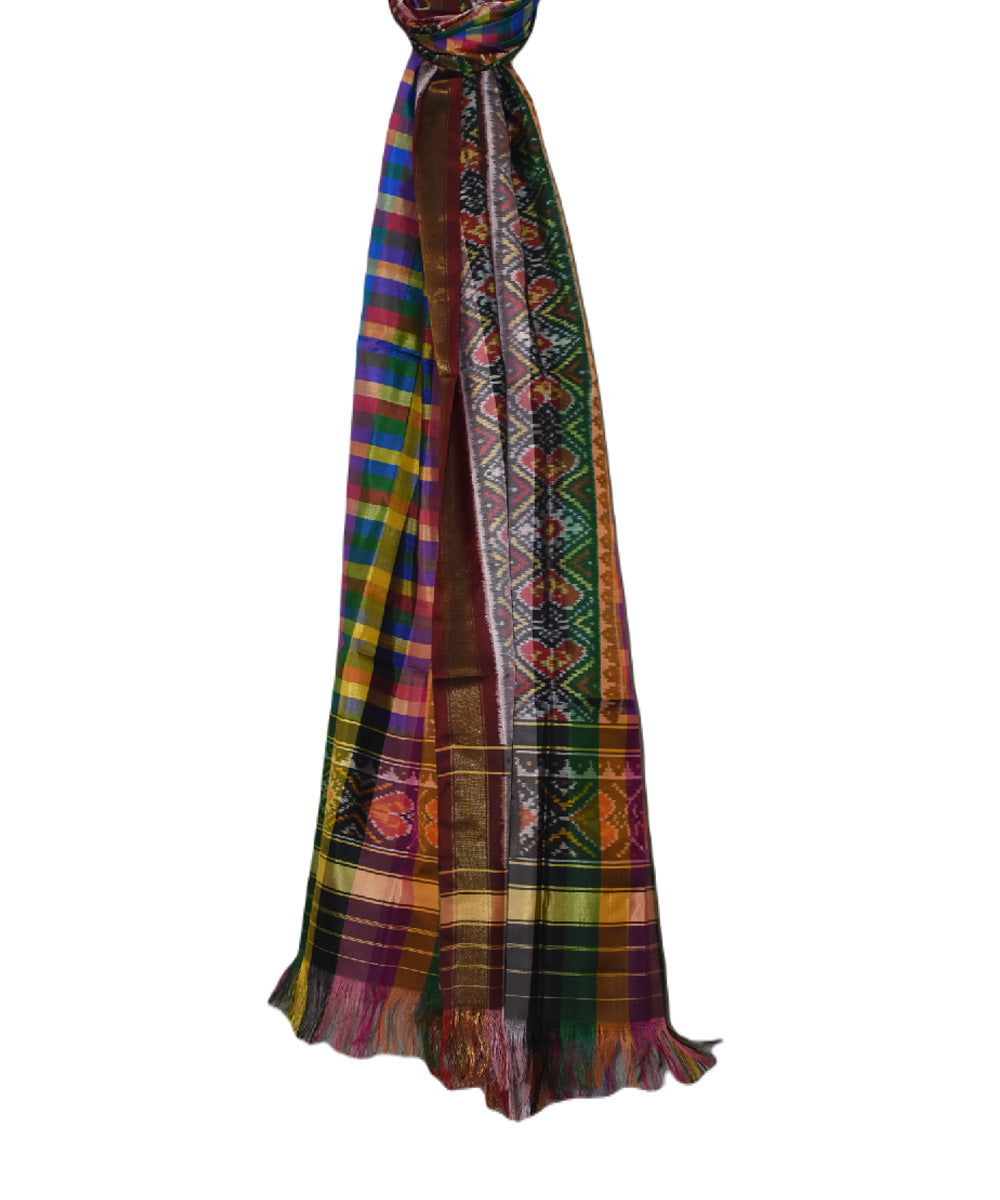 Black multicolour check handwoven silk patola dupatta