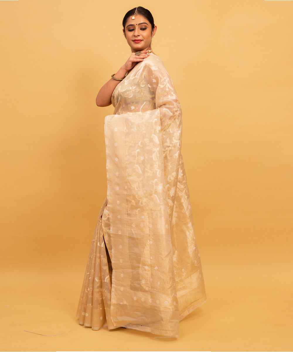 Cream silk handwoven banarasi saree