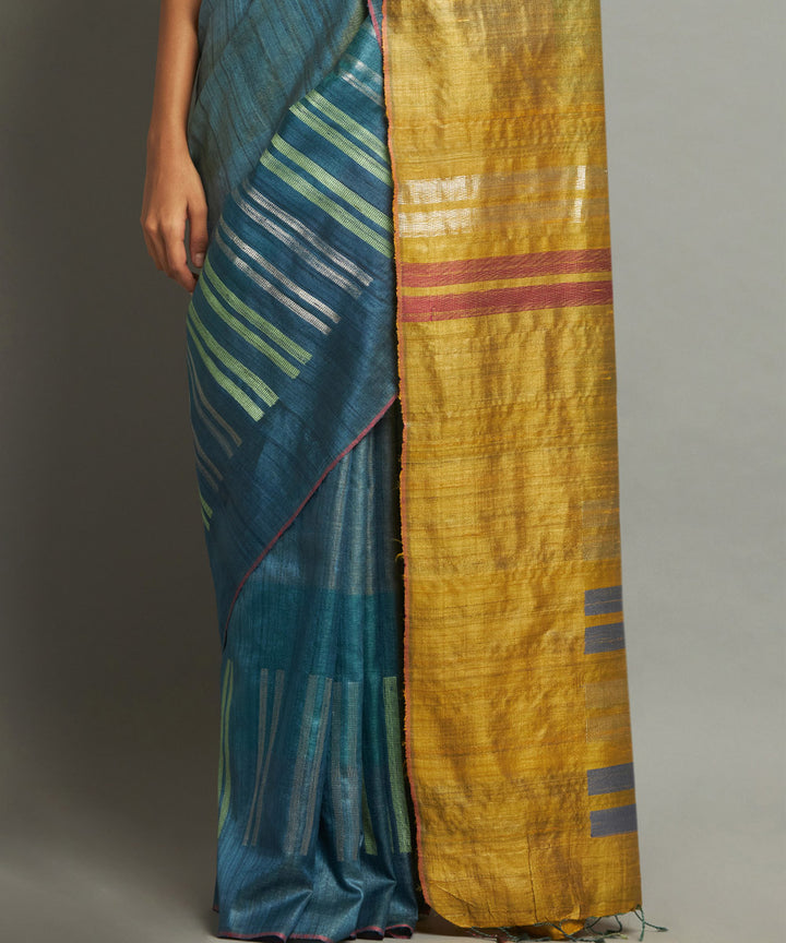 Blue yellow handwoven kosa silk saree