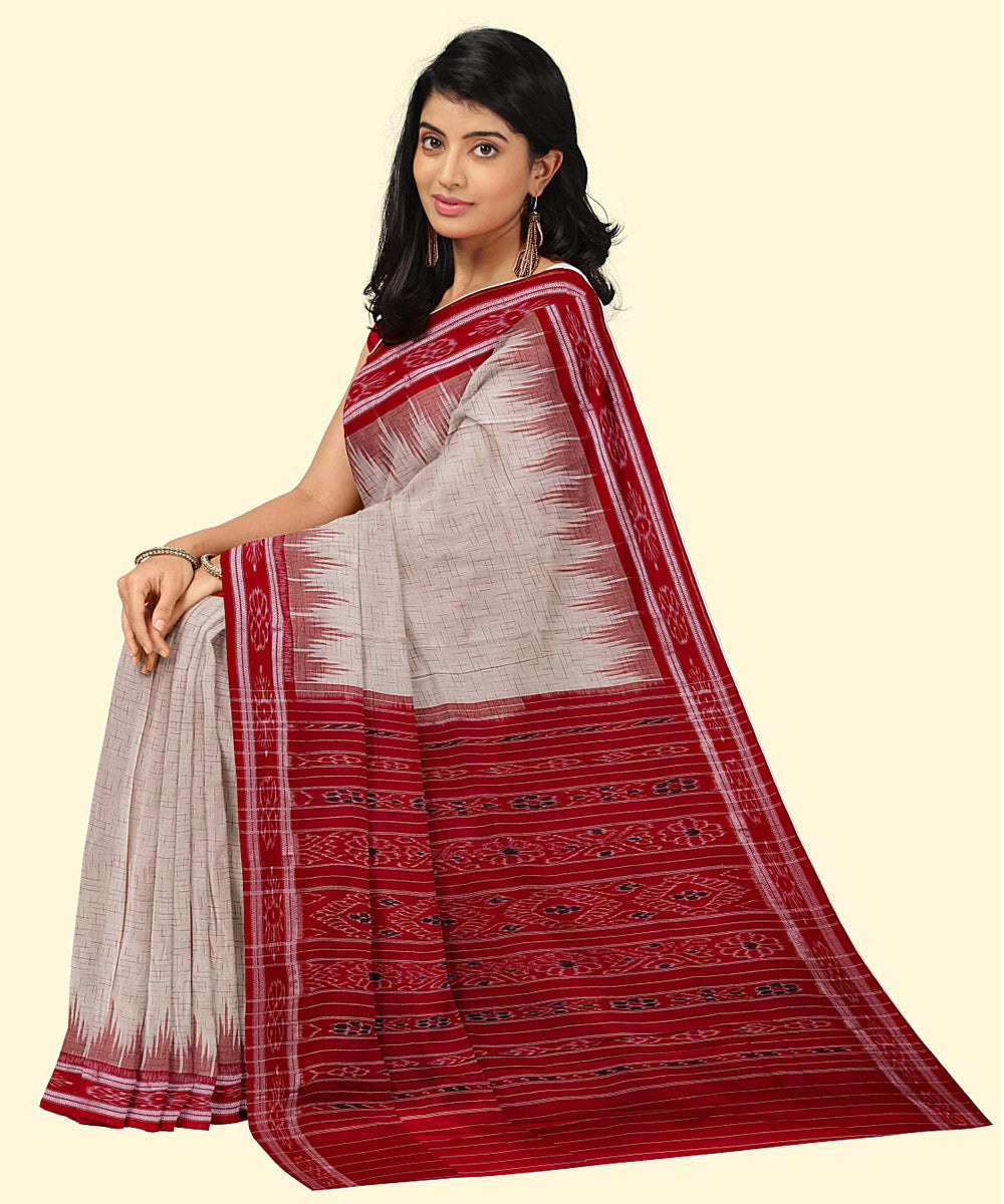 Offwhite red handwoven cotton nuapatna saree