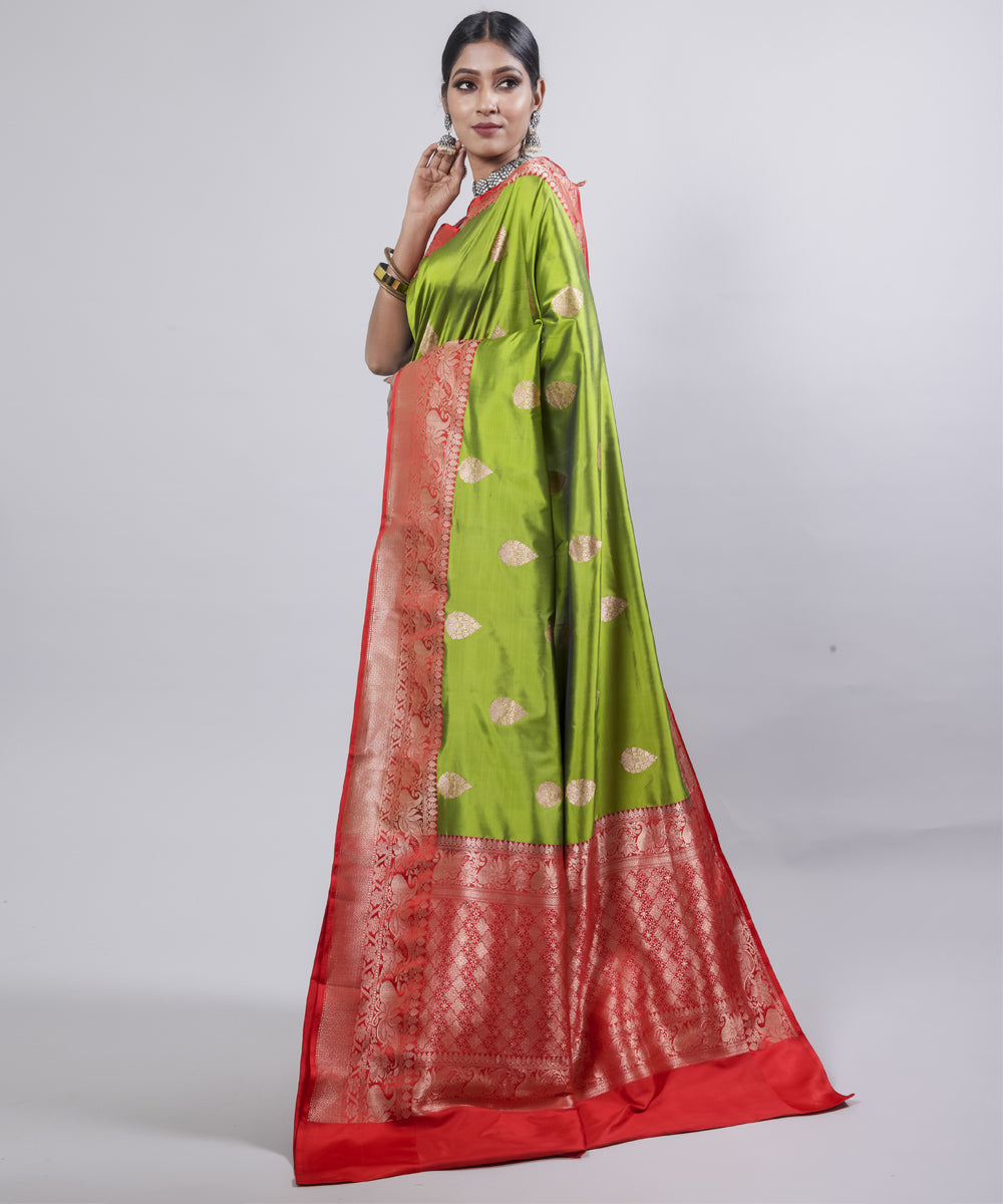 Lime green red border silk handwoven banarasi saree