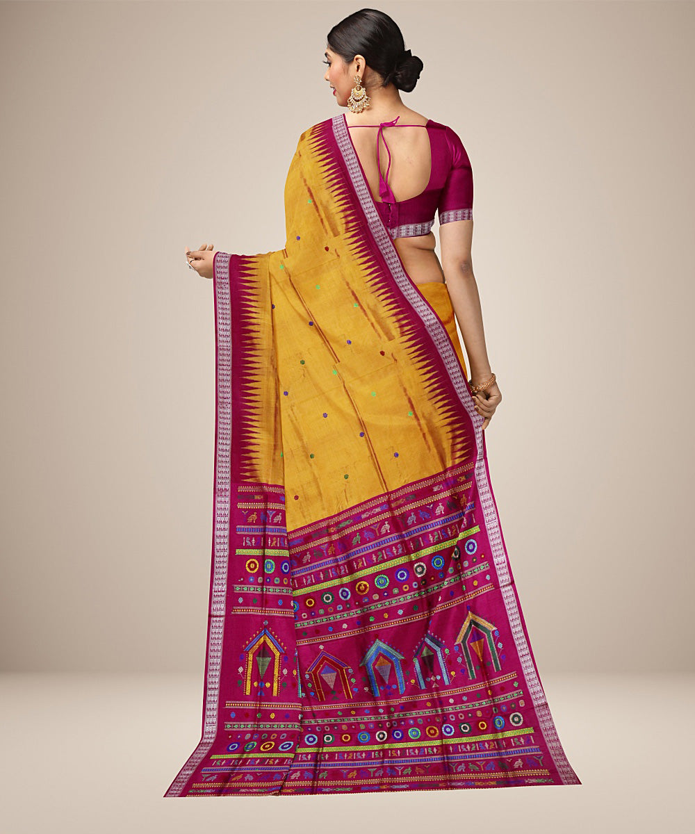 Amber yellow dark pink silk handwoven dolabedi bomkai saree