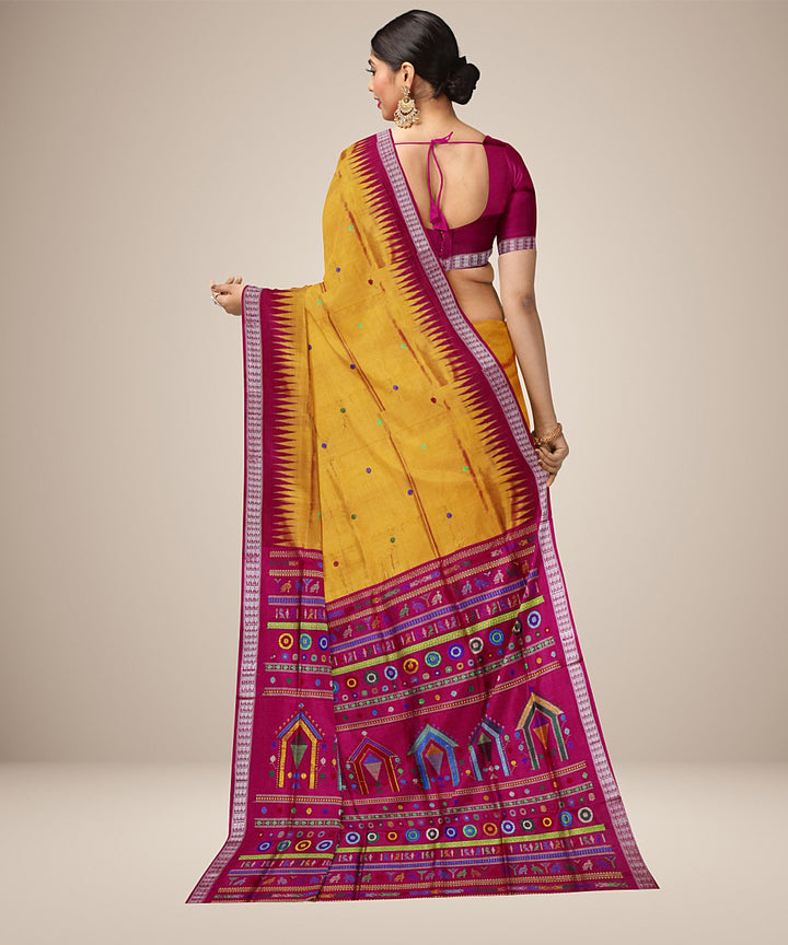 Amber yellow dark pink silk handwoven dolabedi bomkai saree