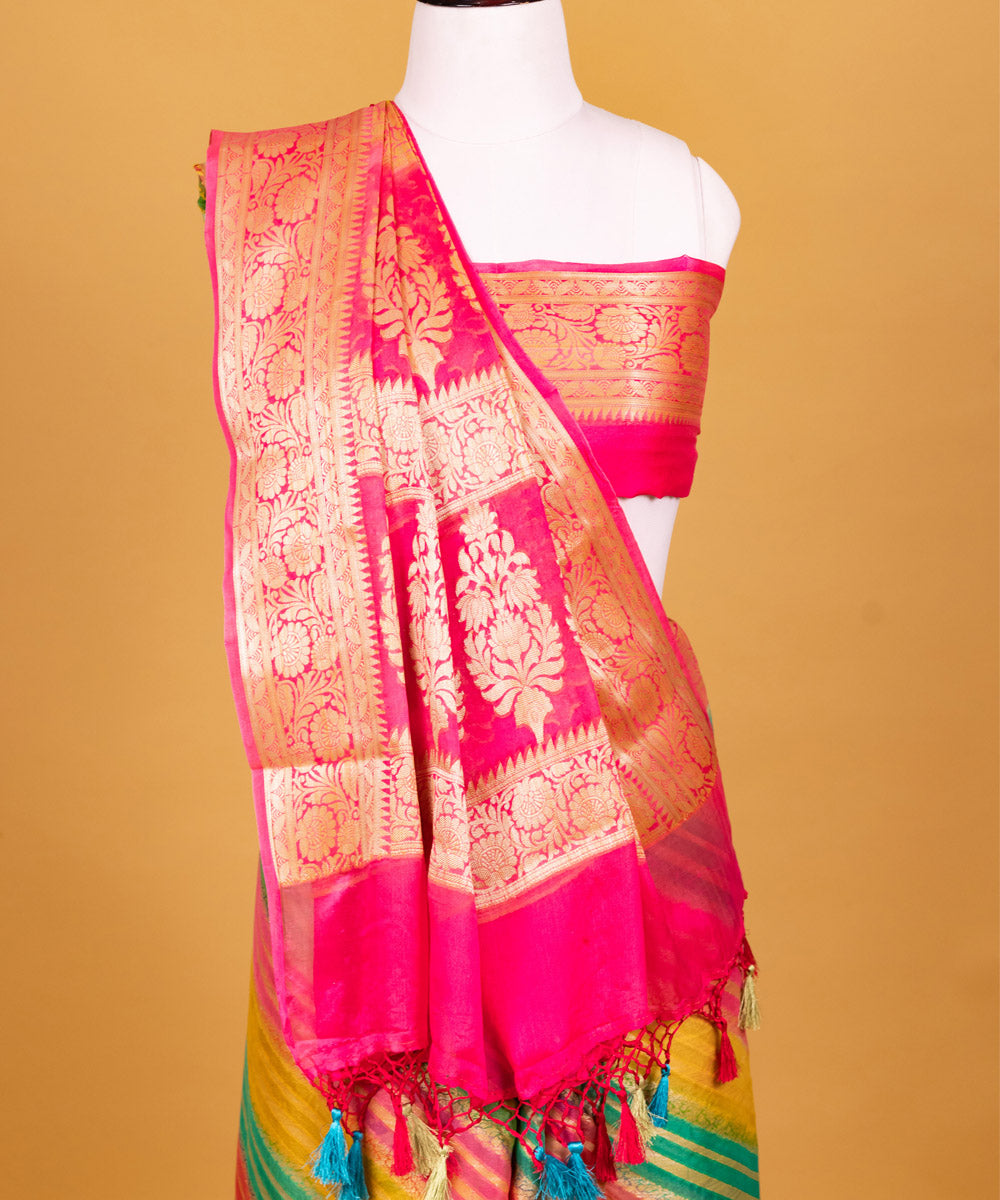 Pink diagonal stripe silk handwoven banarasi saree