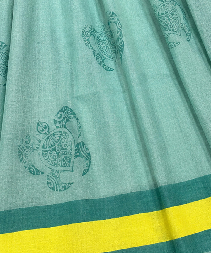 Turquoise mul cotton block print saree