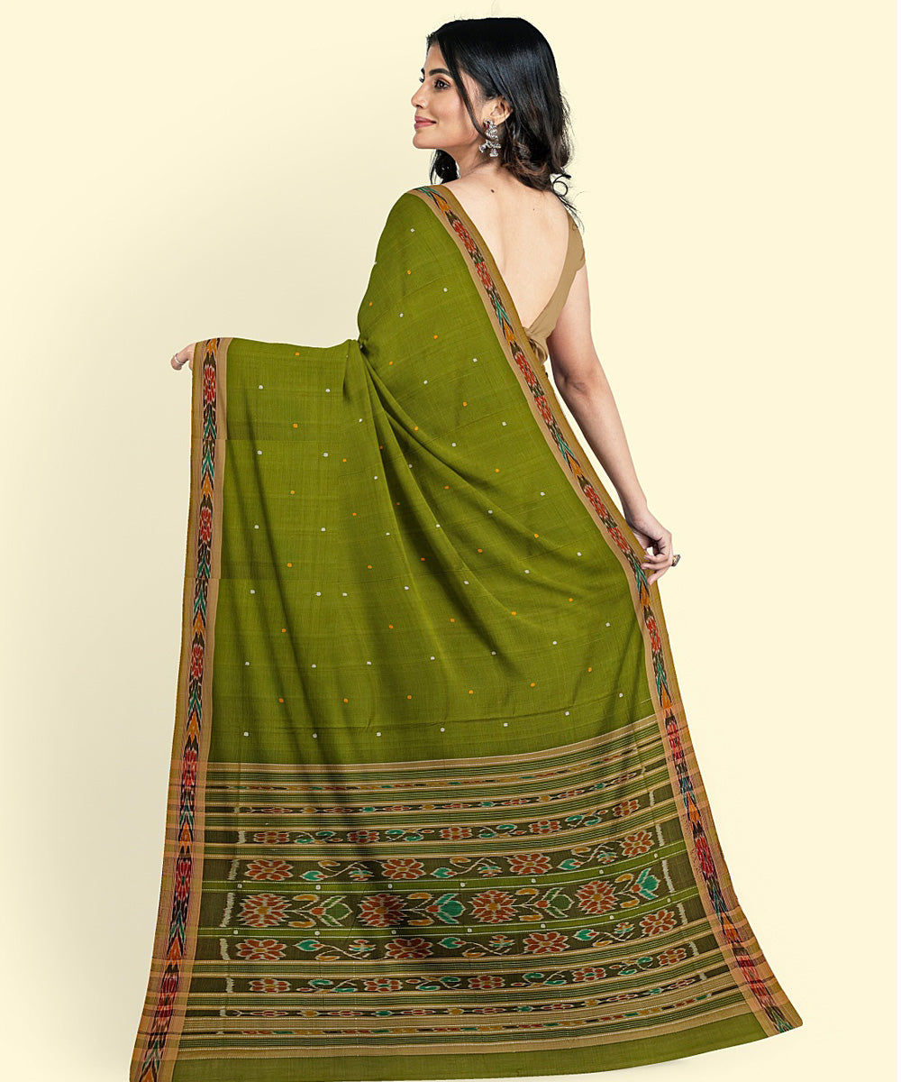 Olive green brown handwoven nuapatna cotton saree