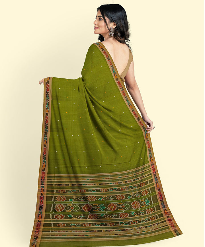 Olive green brown handwoven nuapatna cotton saree