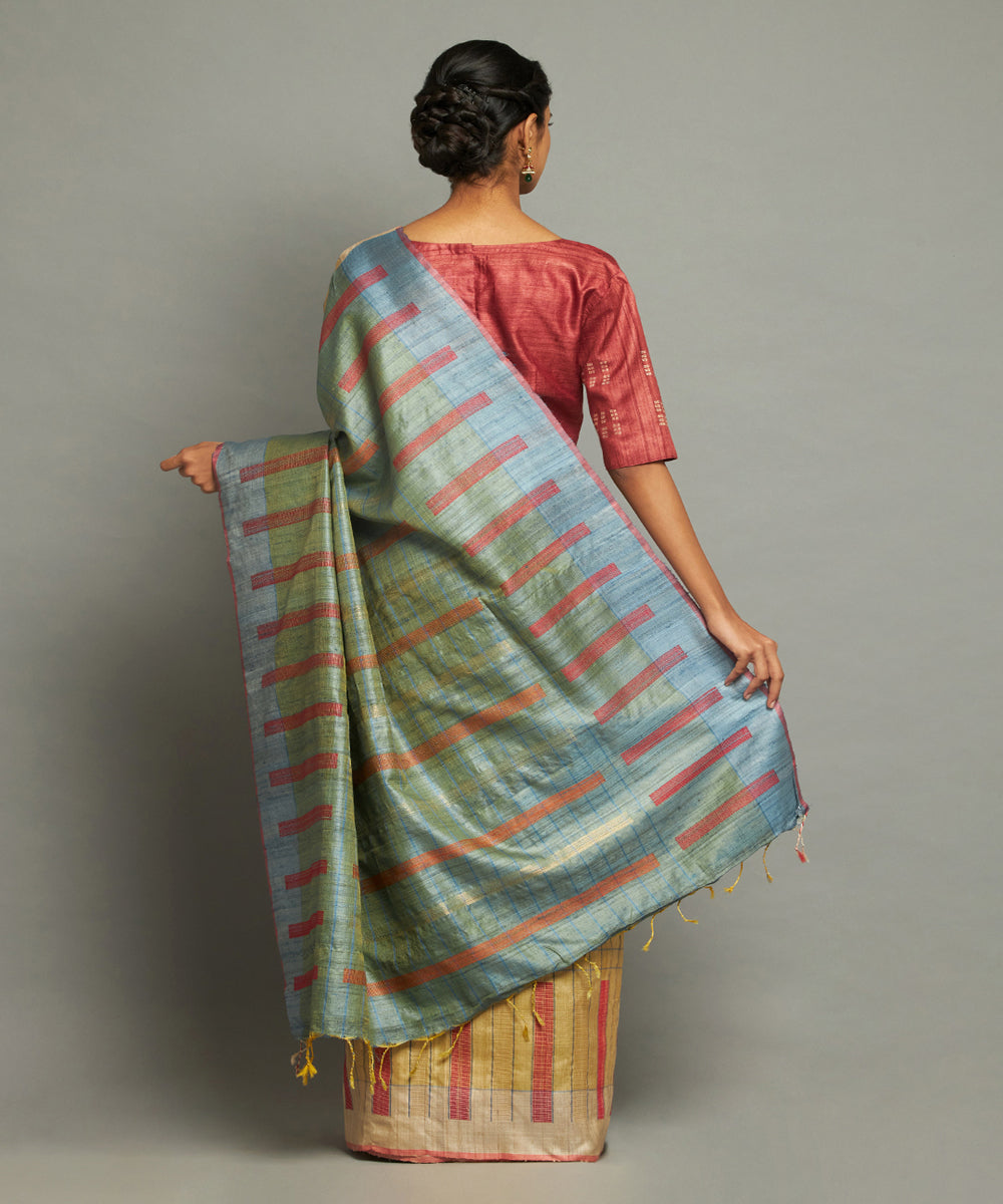Pastel yellow tussar silk hand woven chhattisgarh kosa saree