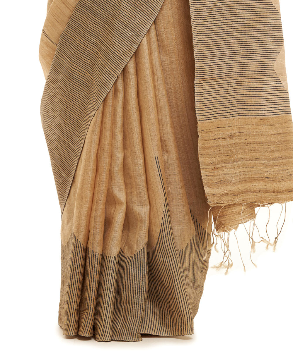 Handwoven natural kosa silk saree black stripes