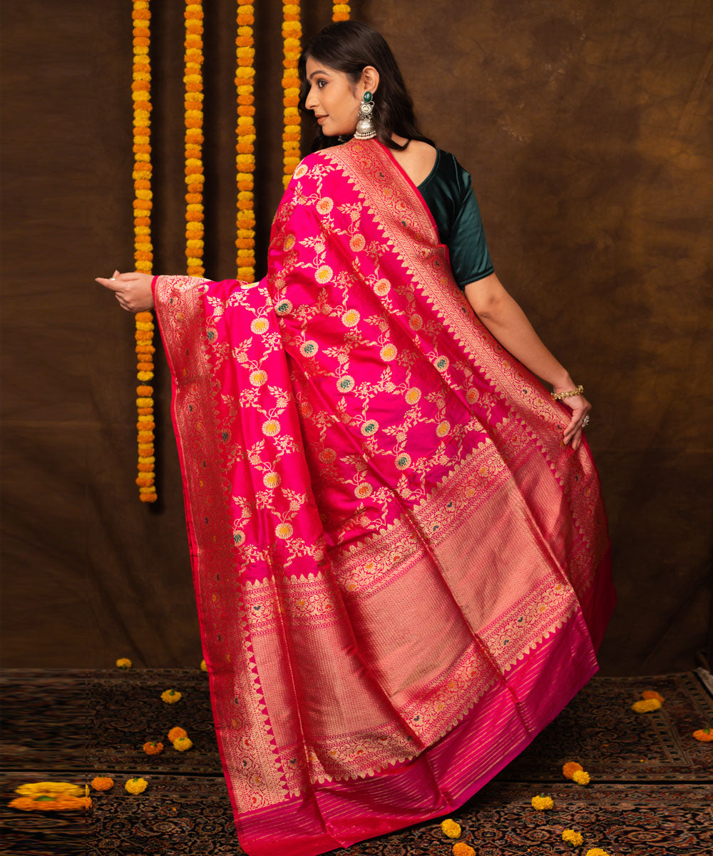 Rani pink jangla handwoven banarasi silk saree