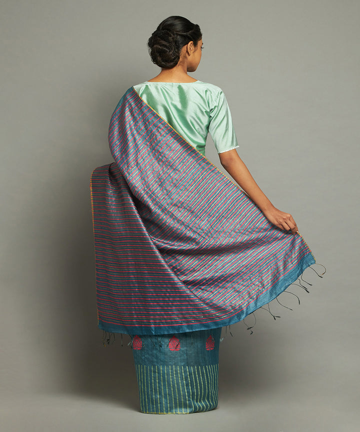Indigo blue tussar silk hand woven chhattisgarh kosa saree