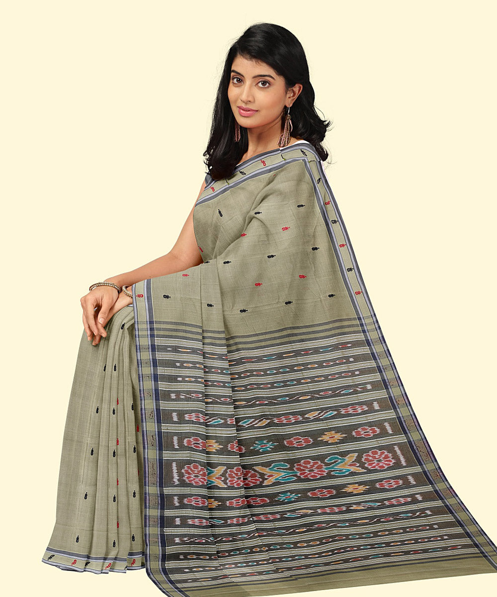 Olive green grey cotton handwoven nuapatna saree