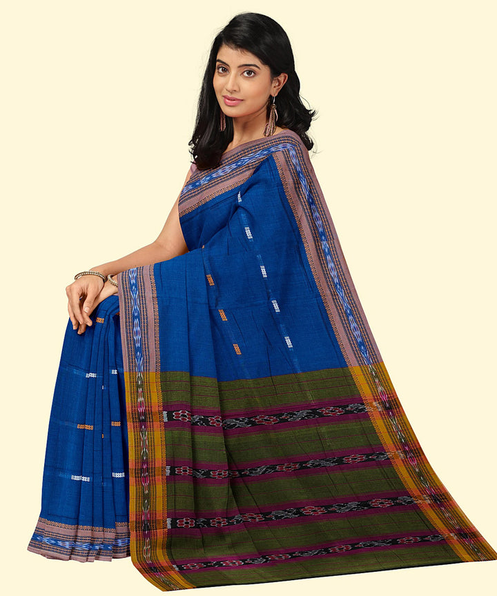 Midnight blue olive reeen cotton handwoven nuapatna saree