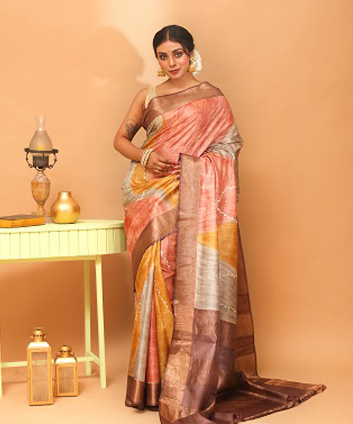 Peach multicolour chhattisgarh handloom tussar silk saree