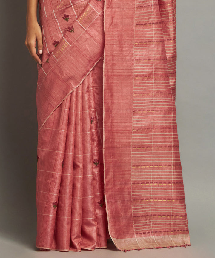Pink handwoven kosa silk saree with striped design