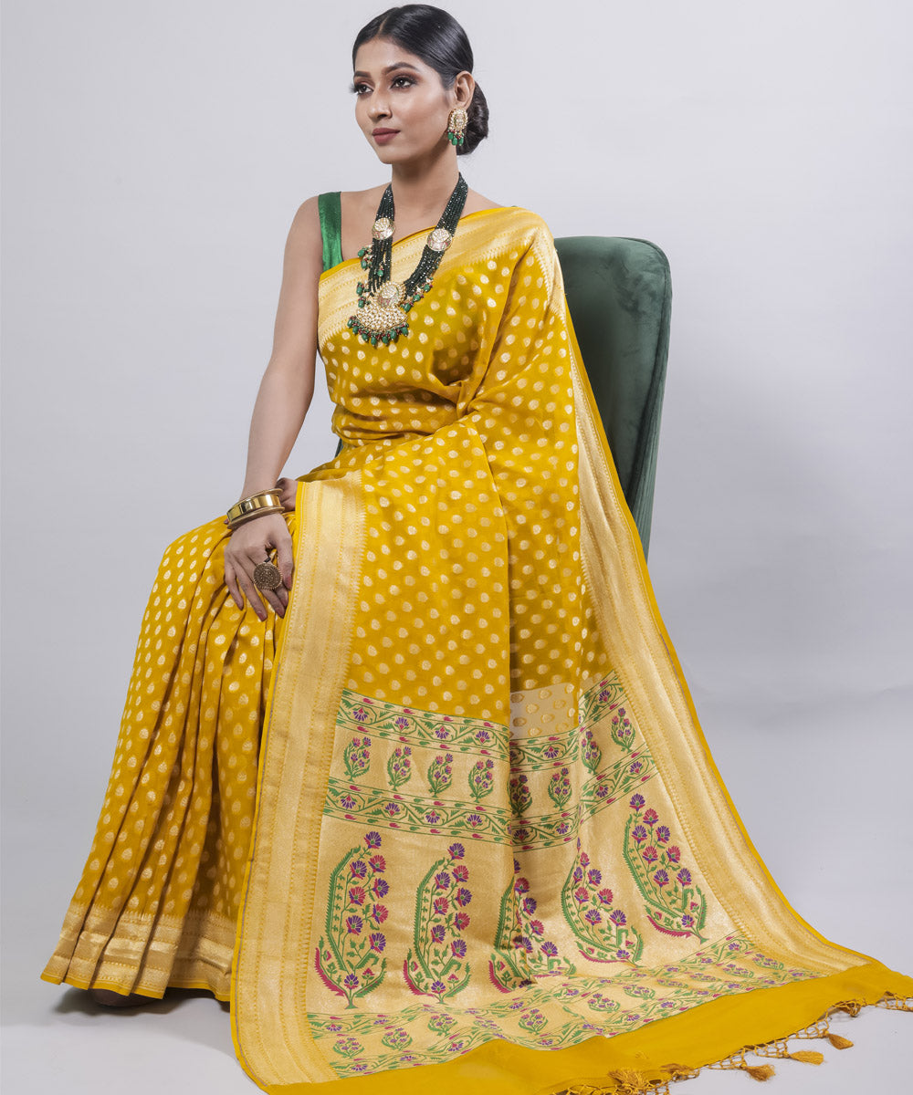 Yellow silk handloom banarasi saree