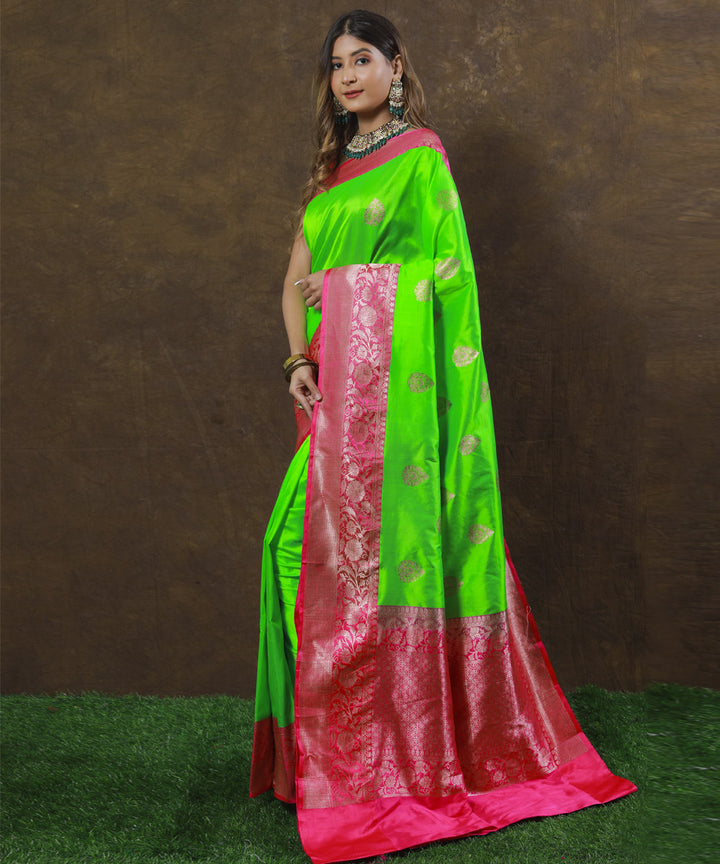 Light green pink border silk handwoven banarasi saree