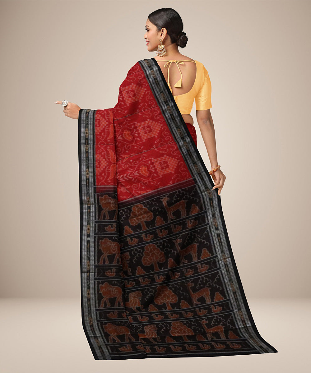 Maroon black peacock motif cotton handwoven nuapatna saree