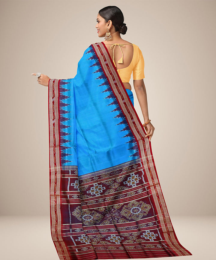 Sky blue maroon silk handwoven khandua saree
