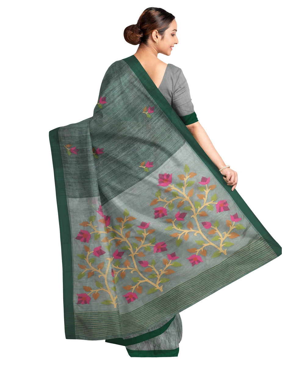 Dark green silk handwoven jamdani saree