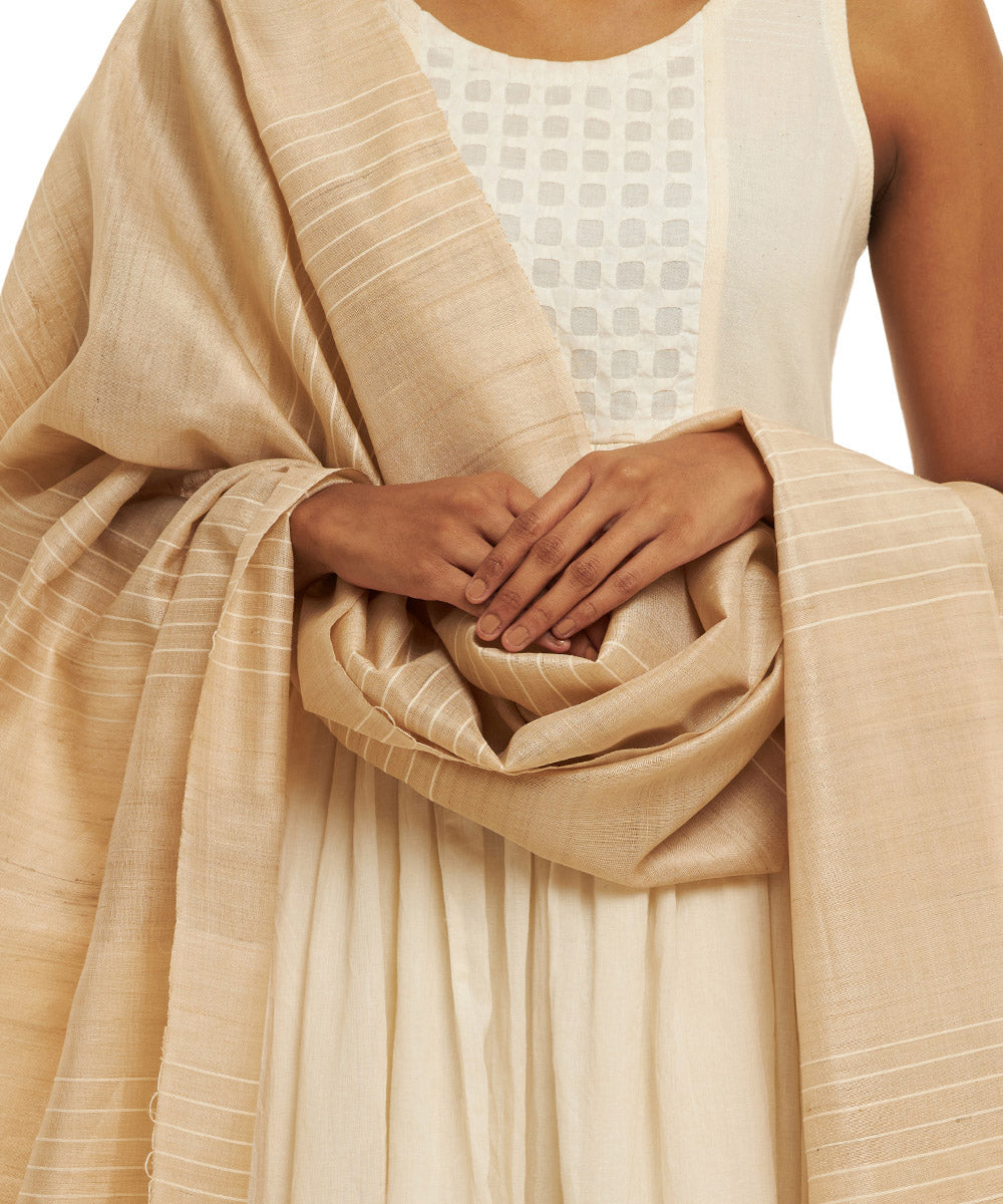 Beige offwhite striped handwoven kosa silk dupatta