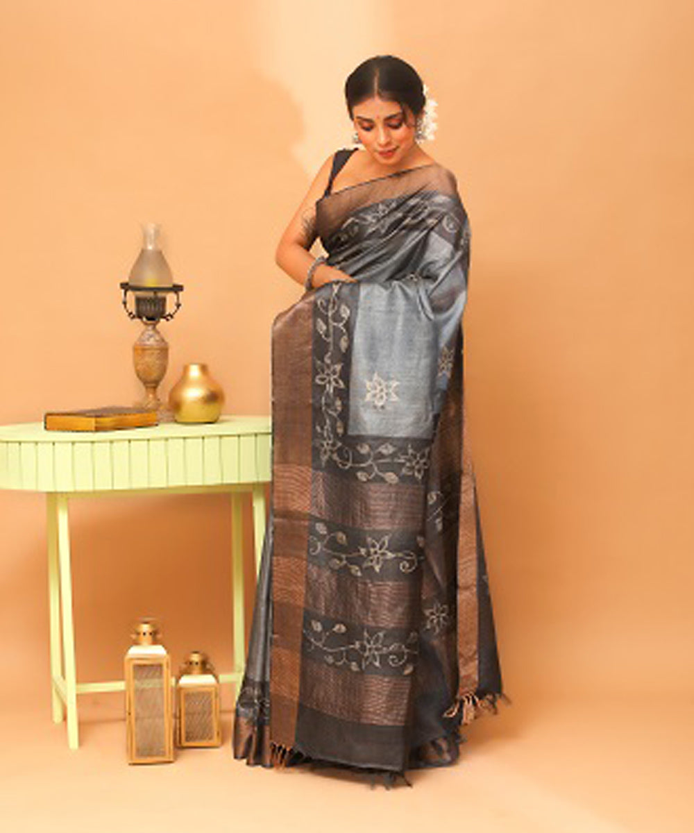 Grey black tussar silk chhattisgarh handloom saree