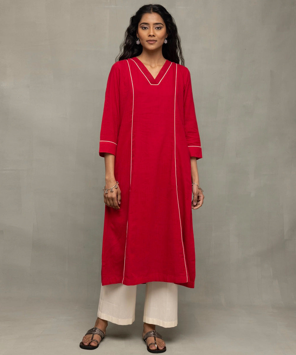 Red white jamdani pujo kurta set with dupatta