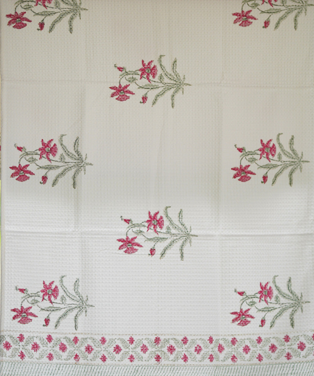 White red green border flower motifs hand block printed cotton towels