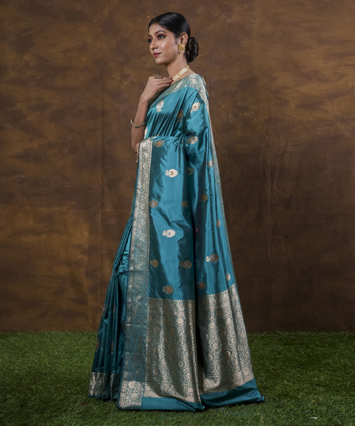 Cyan blue handwoven banarasi silk saree