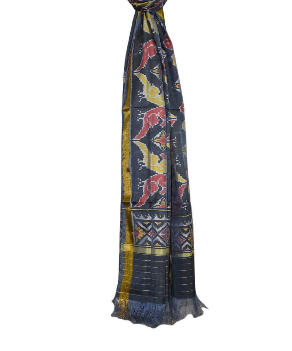 Grey red yellow handwoven patola silk dupatta