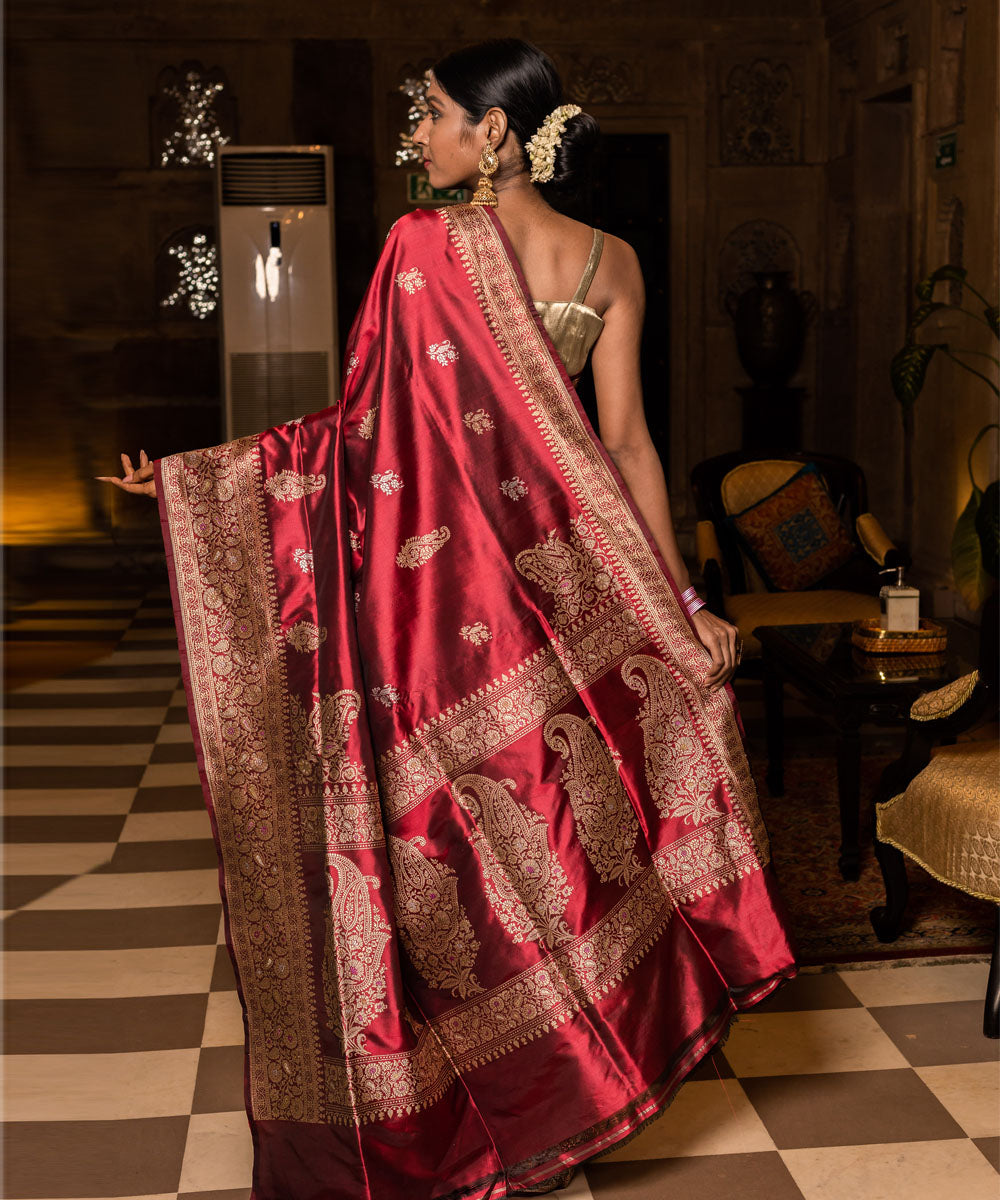 Maroon boota silk handwoven banarasi saree