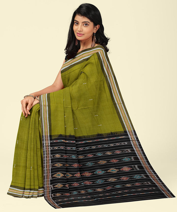 Olive green black cotton handwoven nuapatna saree