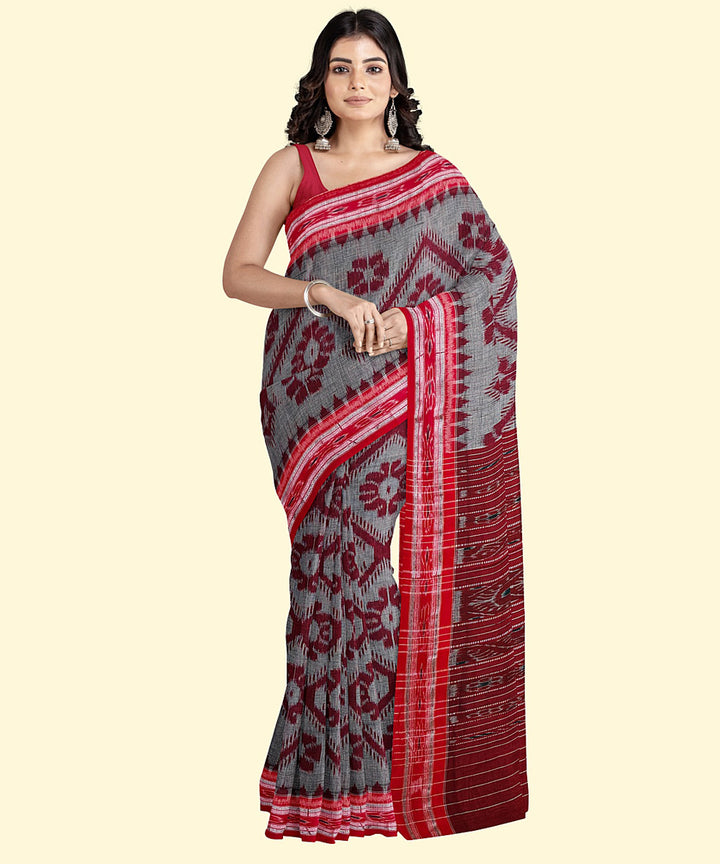 Grey maroon cotton handwoven nuapatna saree