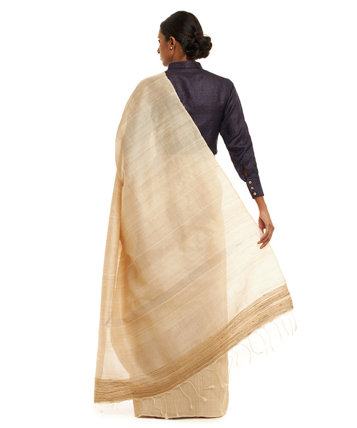 Handwoven beige kosa silk saree with white temple border