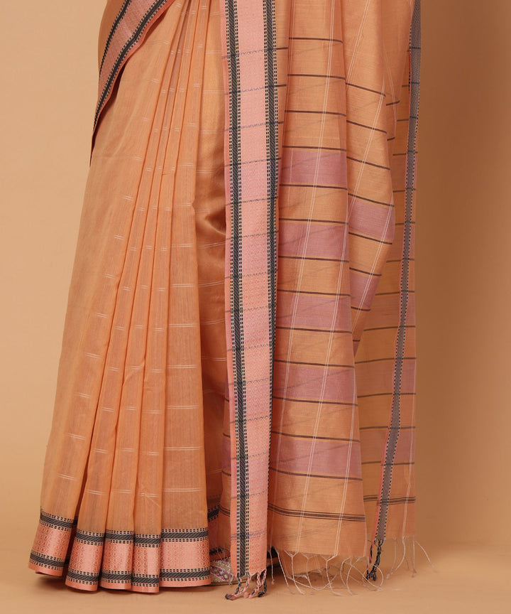 Dark peach pink cotton silk handloom maheshwari saree